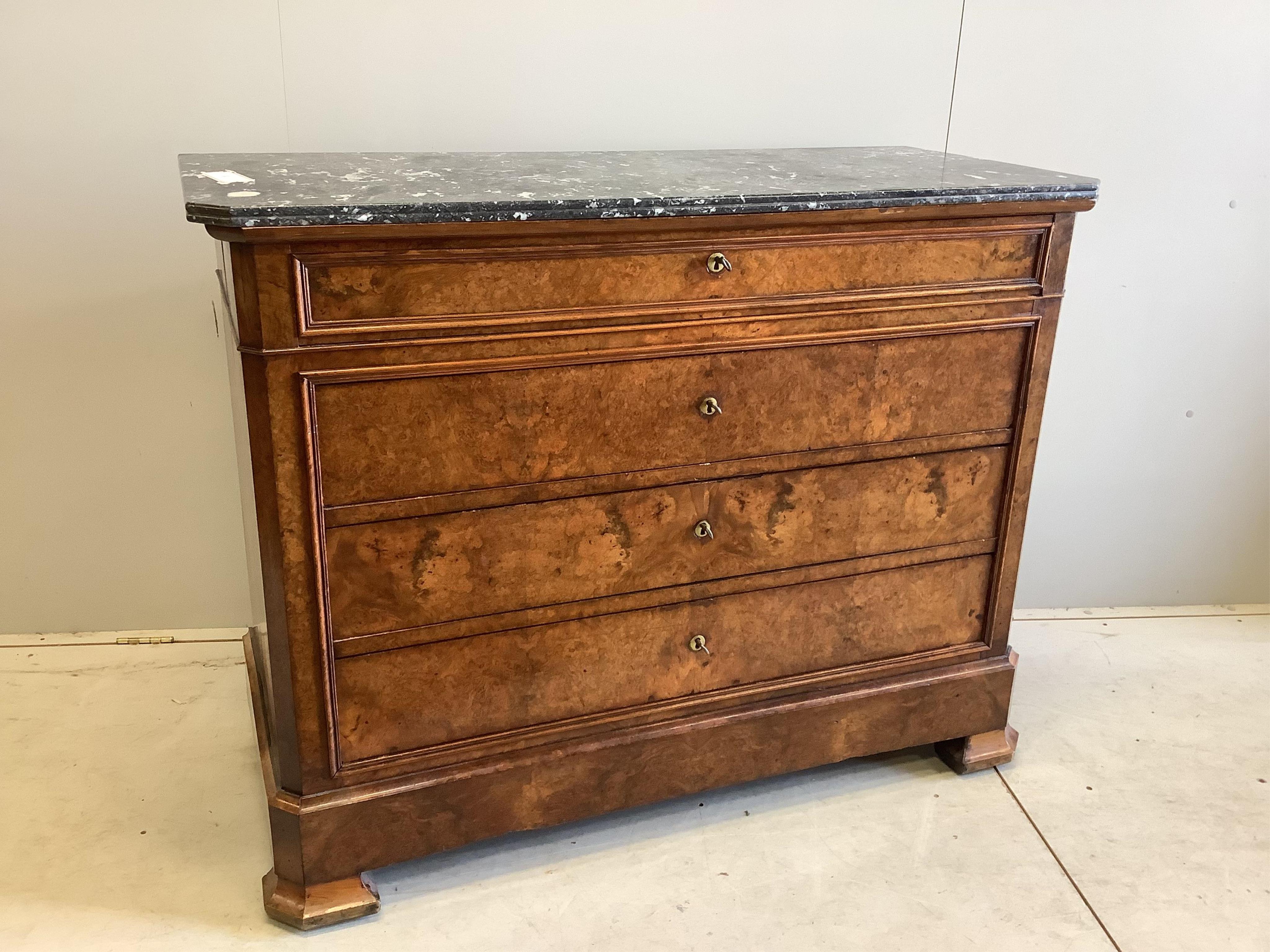 A 19th century French burr walnut marble top four drawer commode, width 127cm, depth 55cm, height 99cm. Condition - good